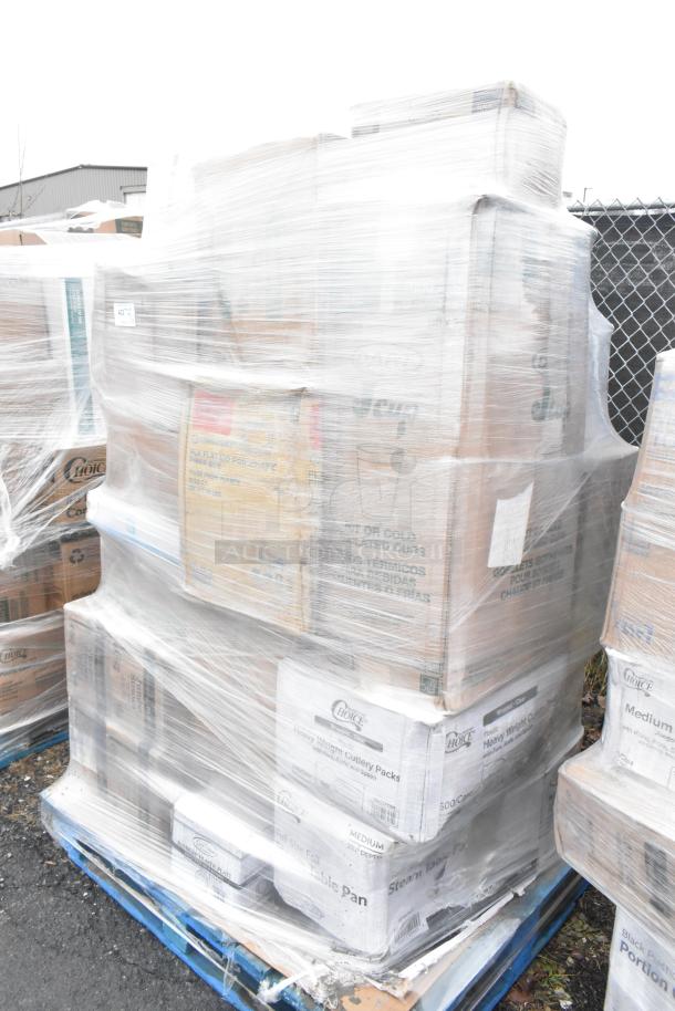 Pallet of new scratch and dent items in wrapped boxes; includes plastic plates, containers, hot cups. Multiple brands visible.