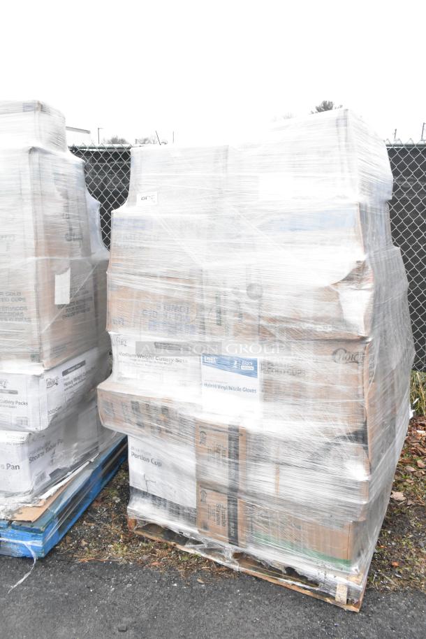 Palette of 36 assorted scratch and dent items including exam gloves, straws, and napkins. Items brand new, wrapped in plastic.