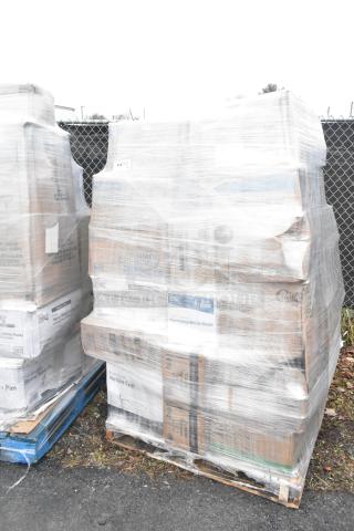 Palette of 36 assorted scratch and dent items including exam gloves, straws, and napkins. Items brand new, wrapped in plastic.