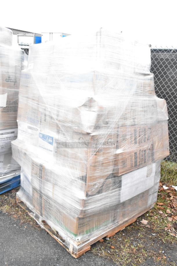 Pallet of 36 new scratch and dent items, including exam gloves, straws, and napkins, wrapped in plastic, boxes visible.