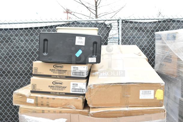 20 brand new scratch and dent items, including storage box, gloves, syrup rack. Sterno Euro-Venetian boxes visible.