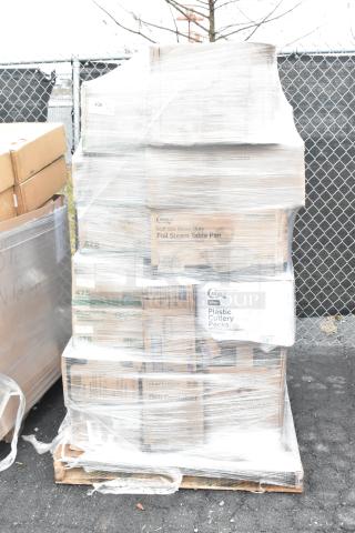 Pallet with 30 new scratch-and-dent items, including souffle lids, fry bags, cutlery packs. Wrapped in plastic, various box labels visible.
