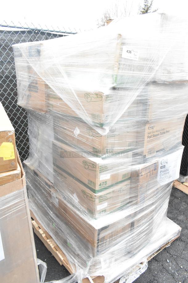 Pallet with 30 new scratch and dent items shrink-wrapped; includes souffle lids, fry bags, cutlery packs.