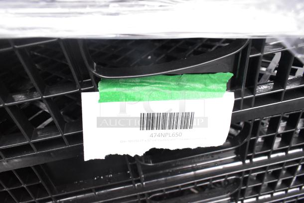 Black bakery bread tray with green tape and barcode label reading "474NPL650," indicating new scratch and dent items.