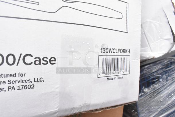 Box labeled "100/Case" with barcode 130WCLFORKH, made in China, part of a scratch and dent auction lot.