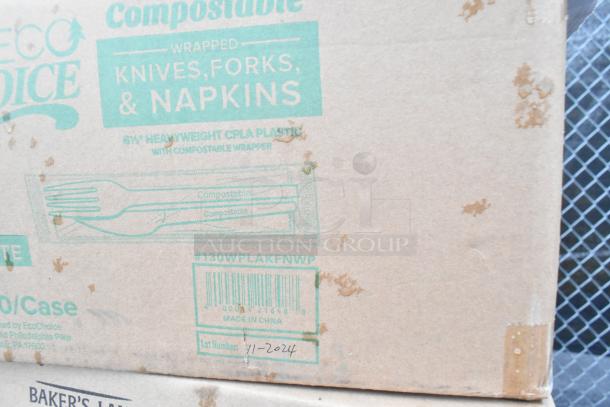 Cardboard box labeled "EcoChoice" for compostable wrapped cutlery. Visible wear and stains, marked "Made in China."