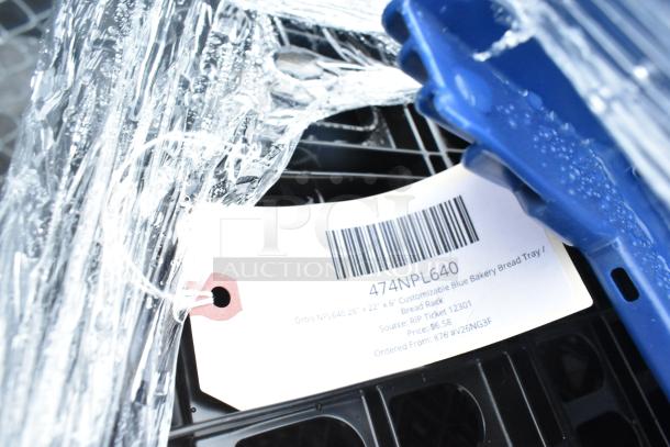 Plastic-wrapped bakery bread tray with label "474NPL640." Orbis 26"x22"x6" customizable tray, priced at $6.58.