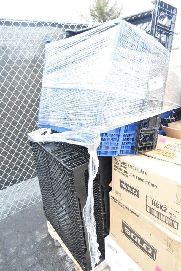 Bundle of bakery bread trays and boxes labeled "SOLO Wrapped Teaspoons," wrapped with plastic. Scratch and dent condition.