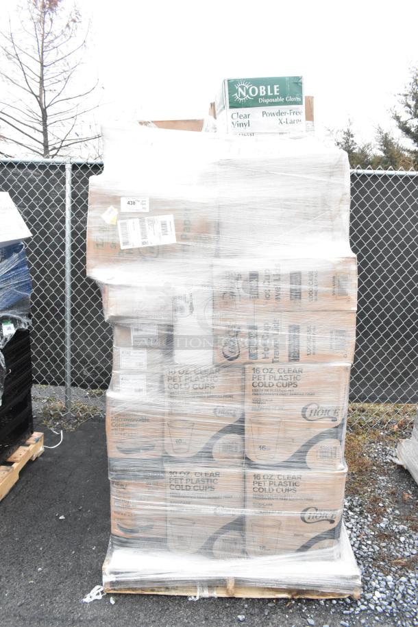 Pallet of 32 new items wrapped in plastic, including Choice cold cups, deli lids, and Noble gloves, with visible box labels.