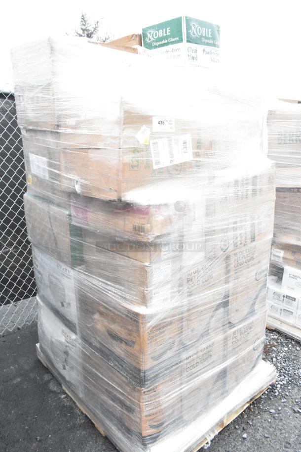 Pallet of 32 sealed boxes with scratch and dent items: cold cups, deli lids, gloves, portion cups. Noble glove boxes visible.