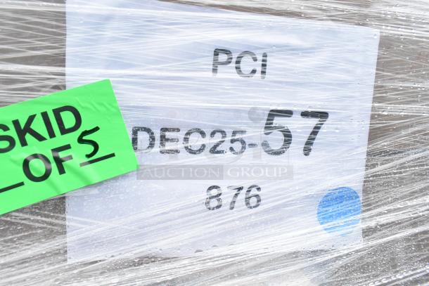 Palette wrapped with labels, tags reading "SKID OF 5" and "DEC25-57," contains 32 brand new scratch and dent items.