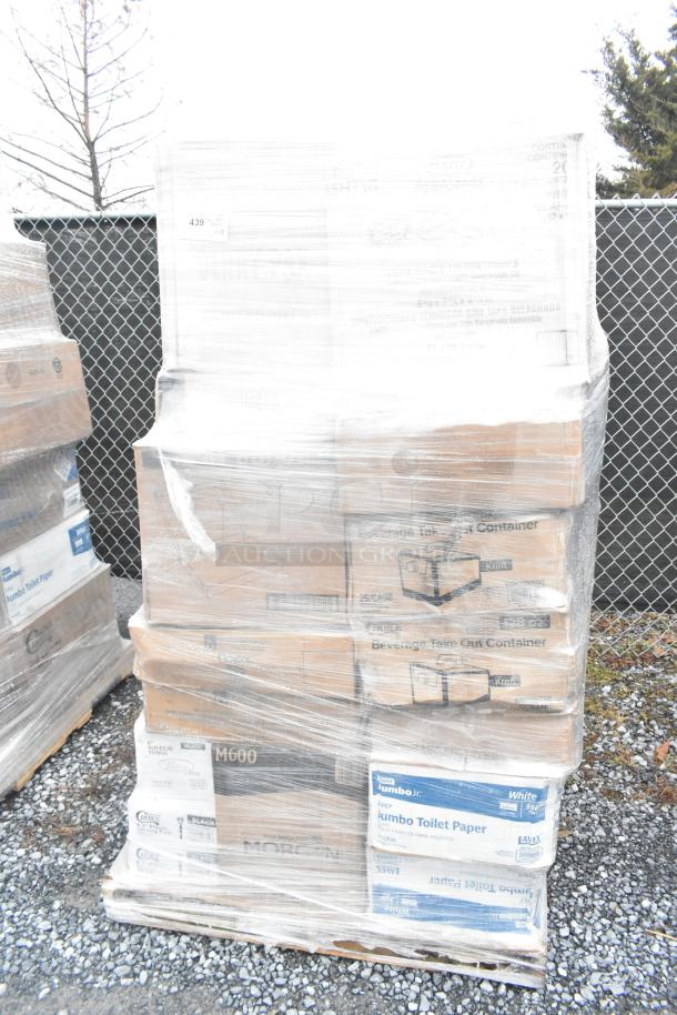 Pallet of 38 scratch and dent items, including tongs, takeout containers, hot cups, and paper plates, wrapped in plastic.