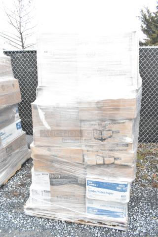 Pallet of 38 scratch and dent items, including tongs, takeout containers, hot cups, and paper plates, wrapped in plastic.