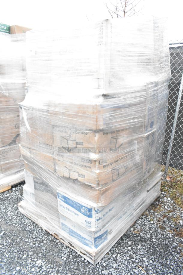 Pallet of 38 new scratch and dent items including tongs, takeout containers, and hot cups, wrapped in clear plastic.