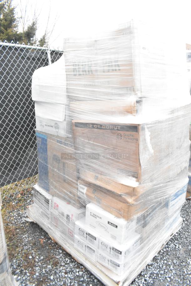 Pallet of 38 brand new scratch and dent items, wrapped in plastic, including tongs, containers, hot cups, and paper plates.