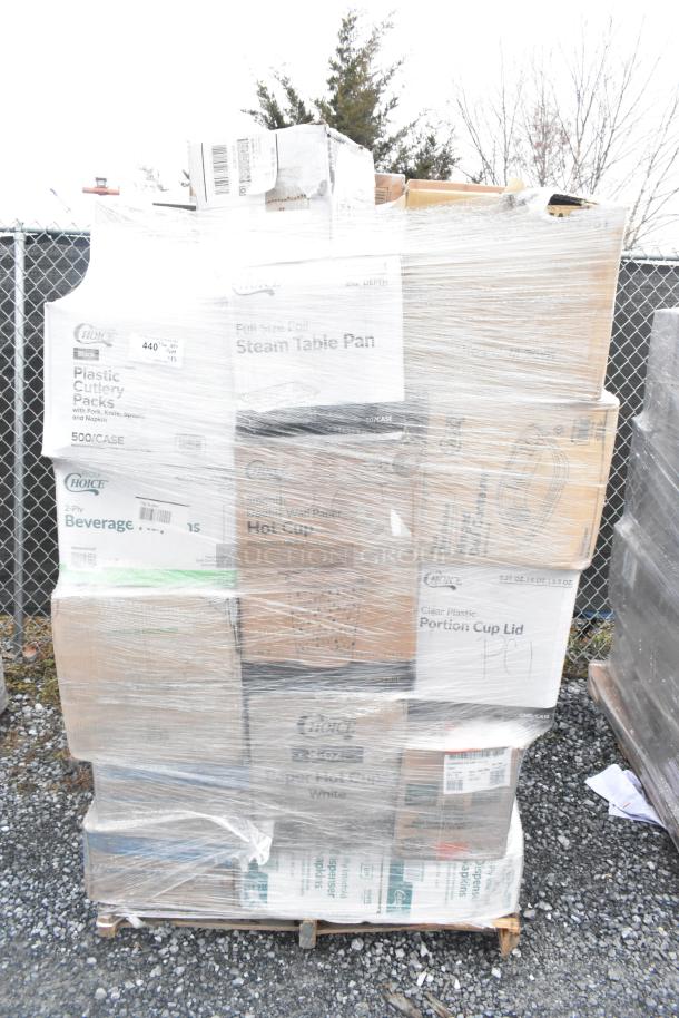 Pallet of assorted new items including paper towels, plastic plates, deli containers. Packaging intact, minor dents visible.