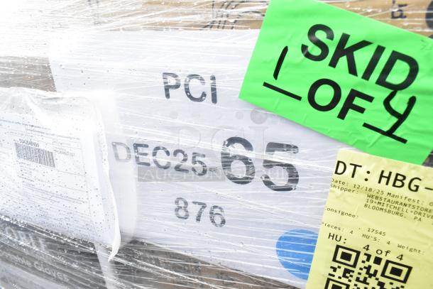 Pallet of 33 brand new scratch and dent items, wrapped in plastic. Includes labels with shipping and handling information.