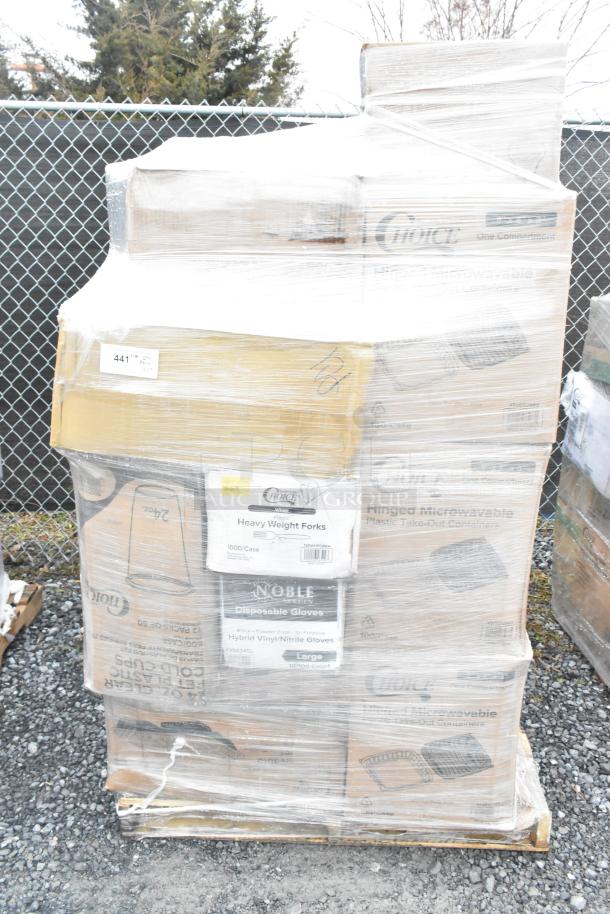 Pallet of brand new items, including containers, plastic plates, and souffle cups. Boxes feature labels for types and quantities.