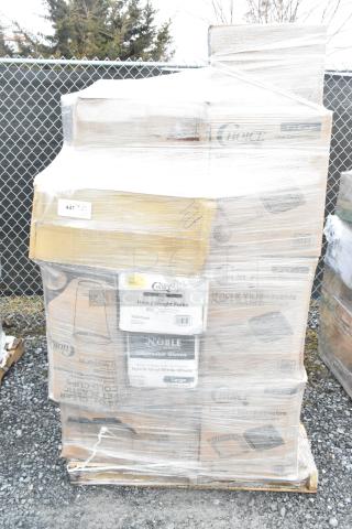 Pallet of brand new items, including containers, plastic plates, and souffle cups. Boxes feature labels for types and quantities.