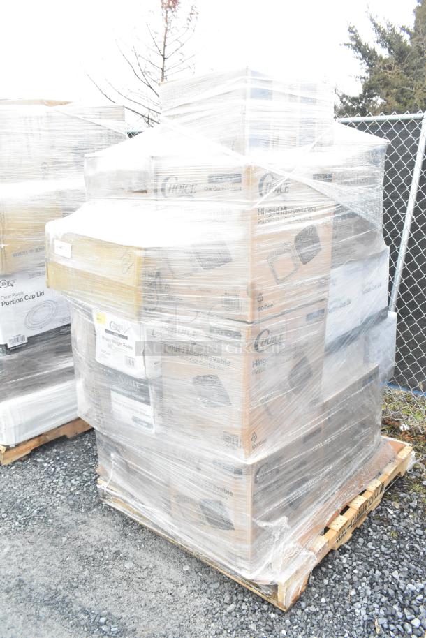 Pallet of 27 brand new scratch and dent items including containers, plastic plates, and soufflé cups, wrapped in plastic.