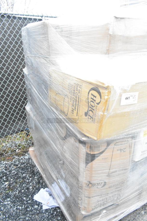 Pallet of sealed boxes wrapped in plastic, labeled "Choice 32 oz. Deli Containers." Scratch and dent items.