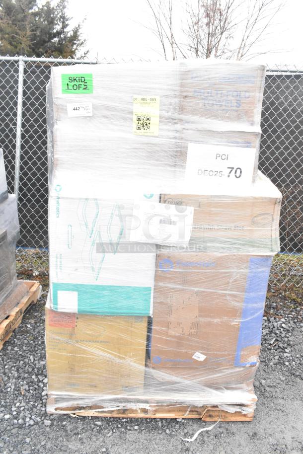 Skid of 24 boxed items including cold cups, napkins, hot cups, and towels, labeled as scratch and dent, wrapped in plastic.