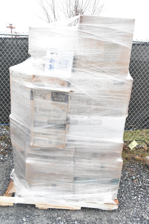 Pallet with 26 new scratch-and-dent items, including shopping bags, hot cups, and food bags, wrapped in plastic.