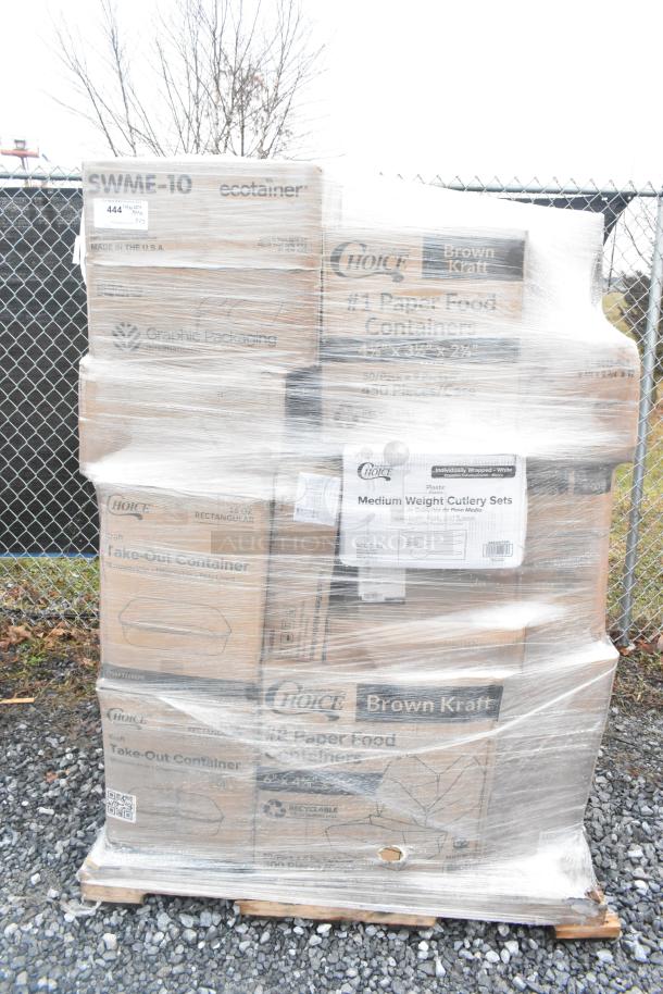 Pallet of 25 brand new scratch and dent items wrapped in plastic, including hot cups, can liners, and French fry bags.