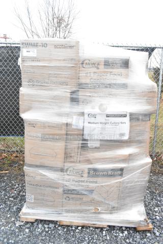 Pallet of 25 brand new scratch and dent items wrapped in plastic, including hot cups, can liners, and French fry bags.