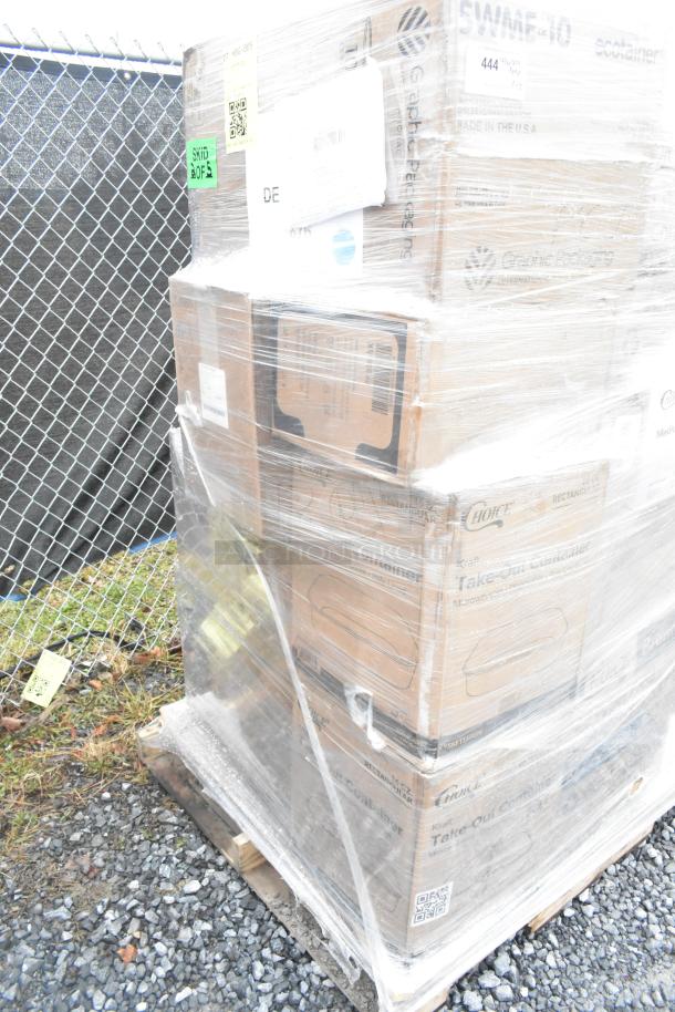 Pallet of 25 assorted brand new scratch and dent items, including hot cups, can liners, and French fry bags, wrapped in plastic.