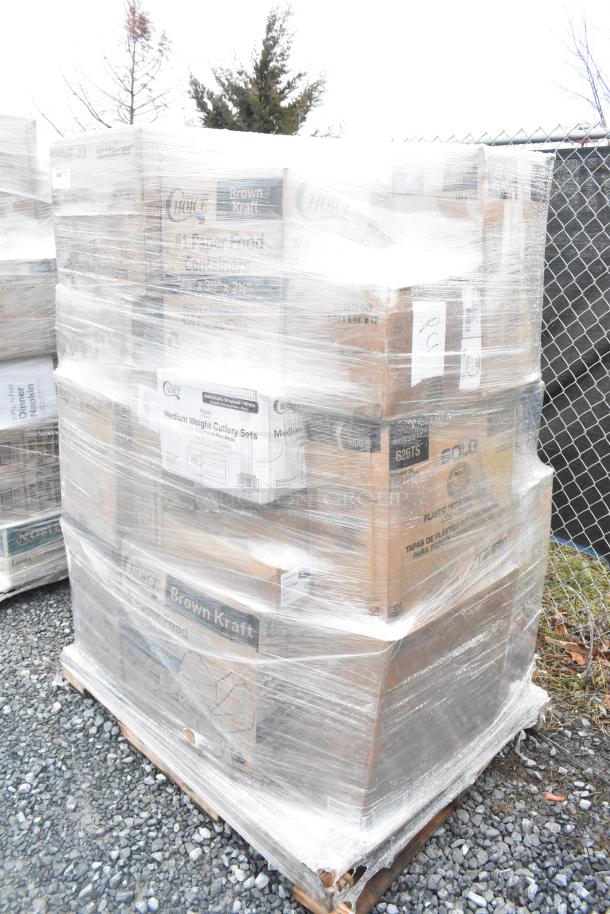 Pallet of 25 new scratch and dent packaging items, including hot cups, can liners, and fry bags, wrapped in plastic.