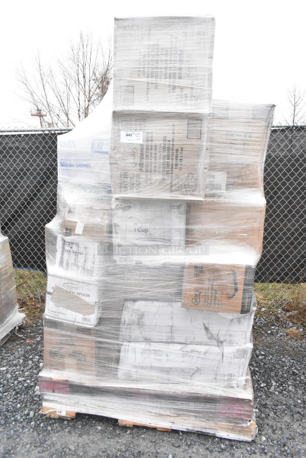 Pallet of 32 brand new items including hot cups, pizza savers, and grocery bags, wrapped for auction. Boxes labeled with contents.