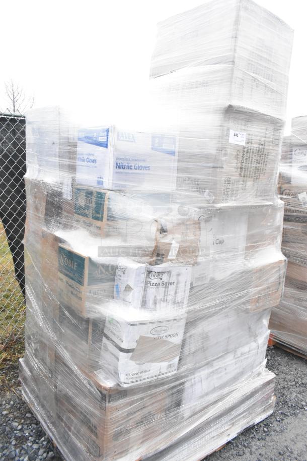 Pallet of 32 new items including hot cups, pizza savers, grocery bags, and nitrile gloves, wrapped in plastic.