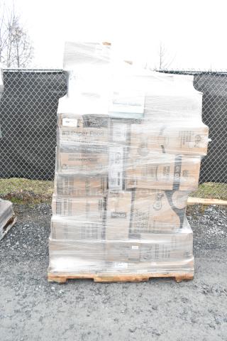 Pallet of 38 brand new scratch and dent items including T-shirt bags, plastic tumblers, paper towels, and napkins.