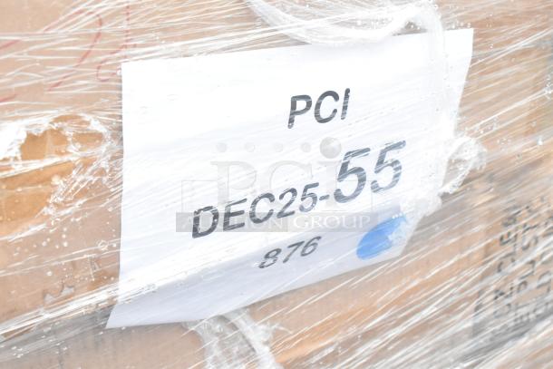 Pallet of 38 brand new scratch and dent items, wrapped in plastic, with label "PCI DEC25-55 876" visible. Items include T-shirt bags, plastic tumblers, paper towels.