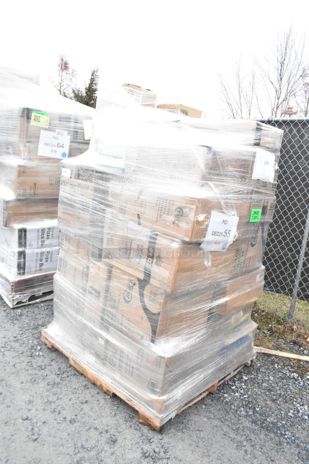 Pallet of 38 brand new scratch and dent items, wrapped in plastic. Boxes labeled with various product descriptions and codes.