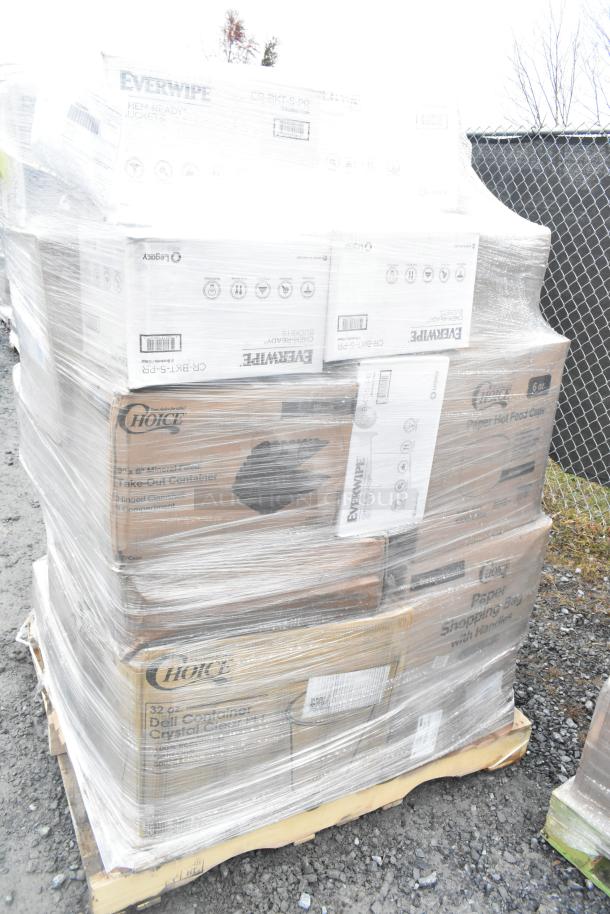 Pallet of 38 new scratch and dent items, including Everwipe and Choice branded packaging, wrapped in plastic.