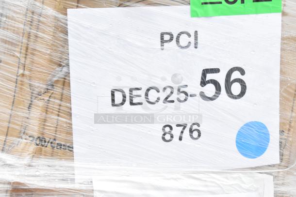 Plastic-wrapped box labeled "PCI DEC25-56 876." Contains 38 scratch and dent items like cold cups, trays, and plates.