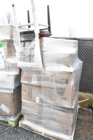 Pallet of 23 mixed catering items, including cold cups, catering trays, hot cups, and plastic plates. Plastic-wrapped.