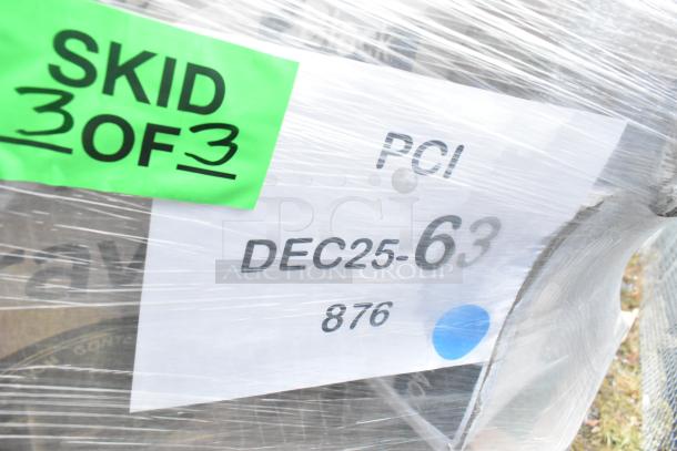 Skid containing 23 brand new scratch and dent items, labeled as "SKID 3 OF 3" and "PCI DEC25-63 876," wrapped in plastic.