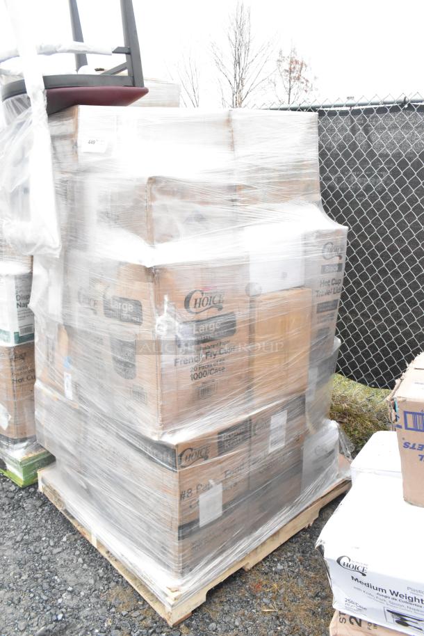 Pallet of 23 new scratch and dent items, including Choice brand cold cups, catering trays, and hot cups, wrapped in plastic.