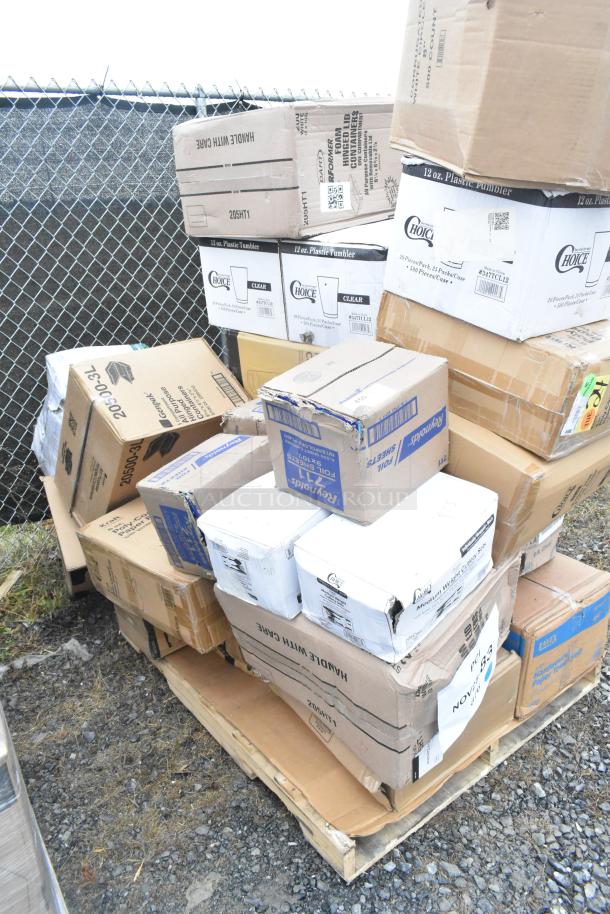 Pallet with 27 new scratch and dent boxes, including food cups, cake circles, cold cups. Various brands visible.