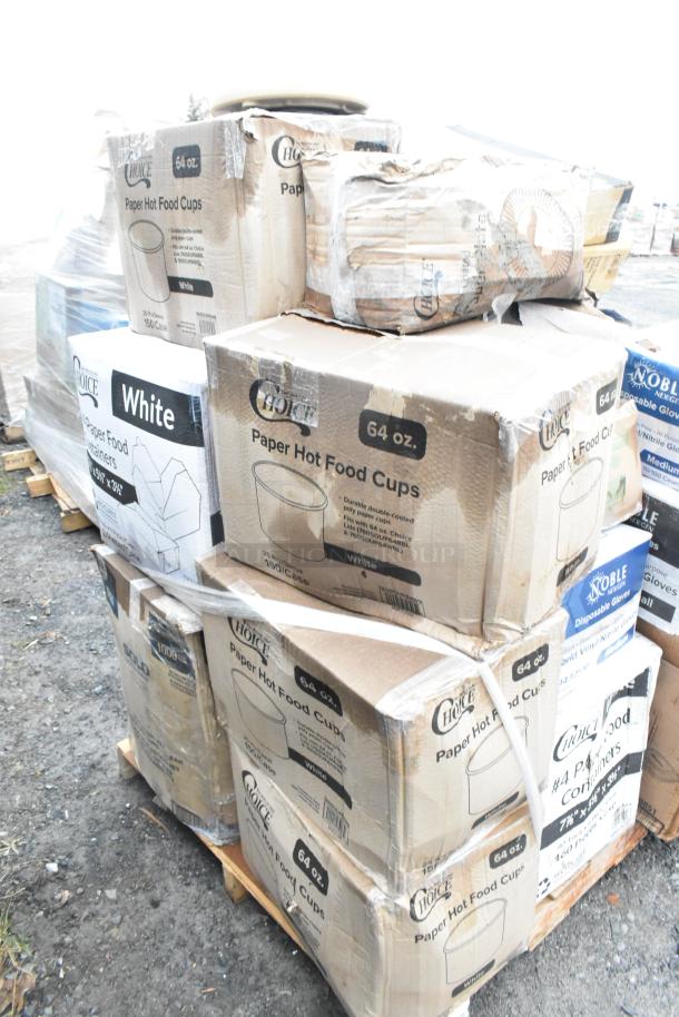 Boxes of Choice brand paper hot food cups, 64 oz, stacked on a pallet, some with visible dents.