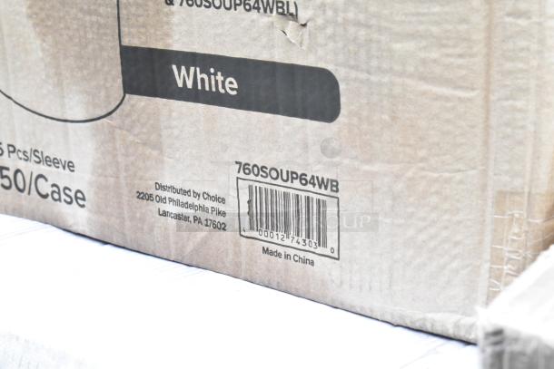 Cardboard box labeled "White" with barcode 760SOUP64WB, distributed by Choice in Lancaster, PA, Made in China.