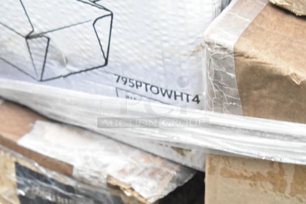 28-brand new scratch and dent items including towel wipes, food cups, cold cups, and gloves, sealed in packaging.