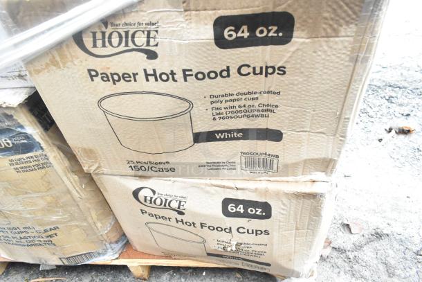 Choice 64 oz. paper hot food cups, white, 25 pcs/sleeve. Box shows scratches and wear, marked model 760SOUP64WB.