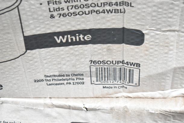 Barcode and label on cardboard packaging of Choice brand 760SOUP64WB, showing product and distributor details.