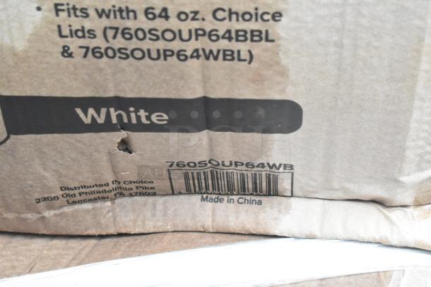 Cardboard box with text "Fits with 64 oz. Choice Lids" and barcode "760SOUP64WB," indicating packaging details.