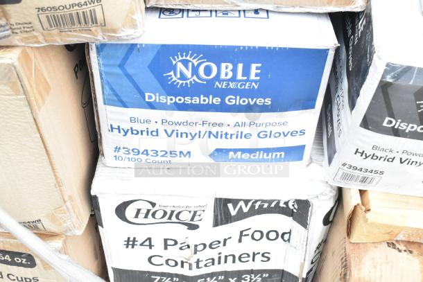 Boxes of Noble NexGen disposable gloves and Choice paper food containers, showcasing packaging and labels for auction.