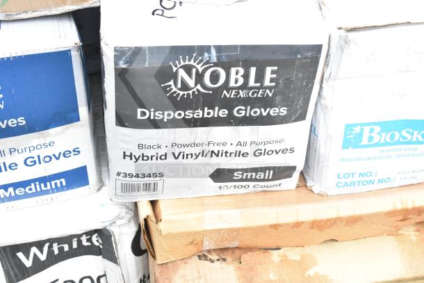 Boxes of Noble NexGen disposable gloves, size small, black, powder-free, hybrid vinyl/nitrile. Item #3943455.